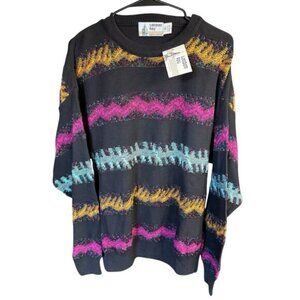 Vtg 80s 90s London Fog Sweater Men's 3D Chunky Knit Colorful Eclectic Grandpa L